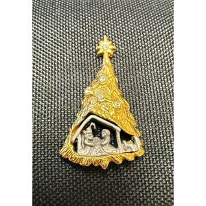 Vintage Gold Tone Rhinestone Pewter Christmas Tree Nativity Lapel Pin by Roman